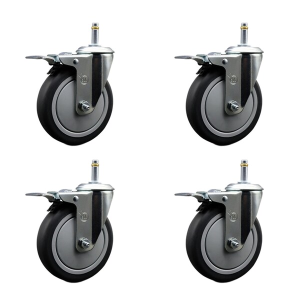 5'' Thermo Rubber Swivel 7/16'' Stem Caster Set with Total Lock Brake, 4PK